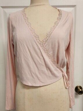 Light Pink Lace-Trim Ribbed Wrap Top